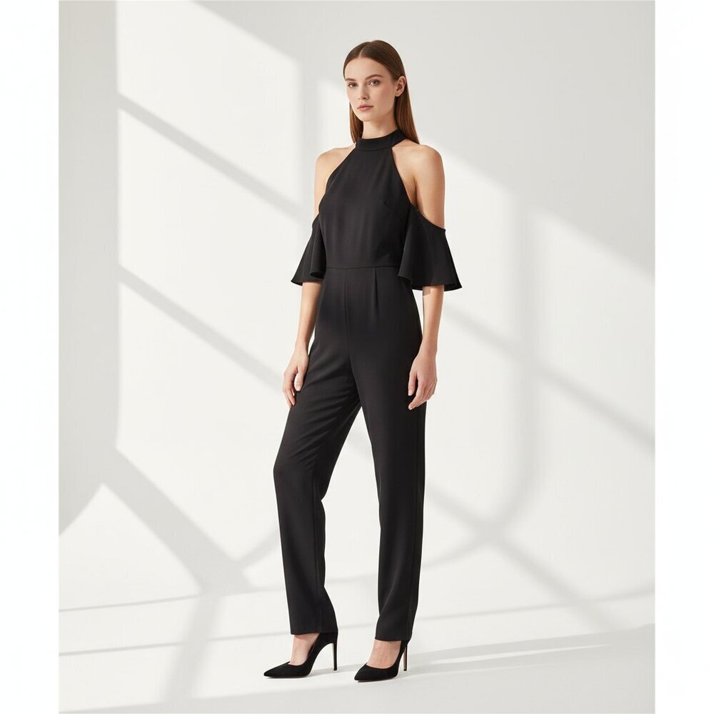 NWT Finders Keepers Real Slow Halter Neck Cold Shoulder Jumpsuit Black Women S‎
